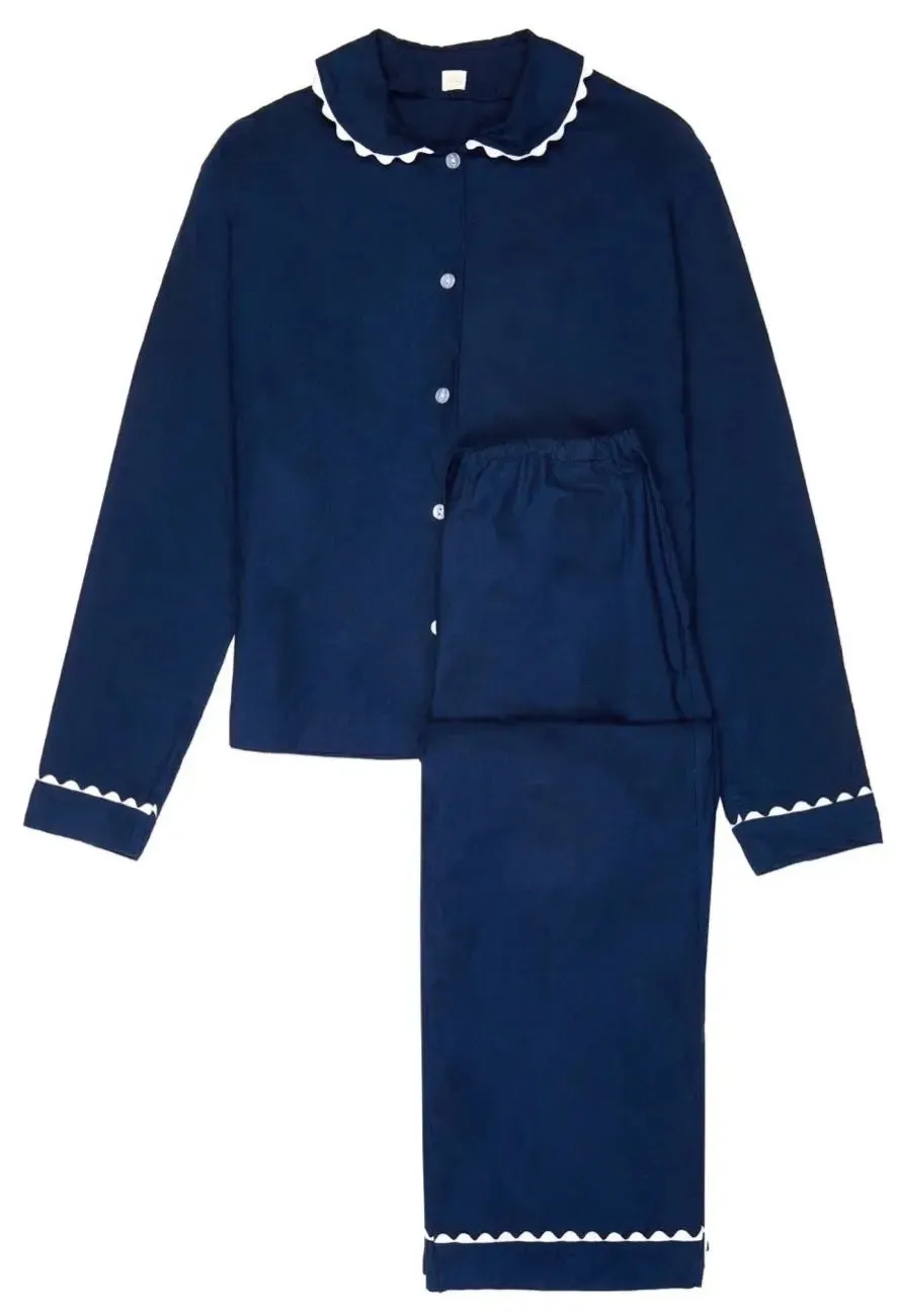 100% Cotton Poplin Navy Long Pyjamas With White Ric Rac Trim