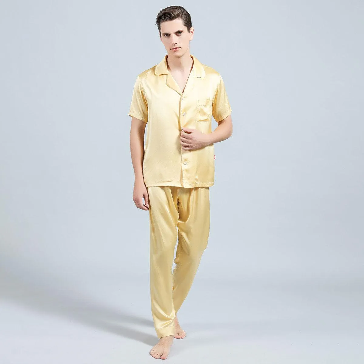 100% Silk Short Sleeve Pajamas Set Short Silk Nightwear Summer For Men