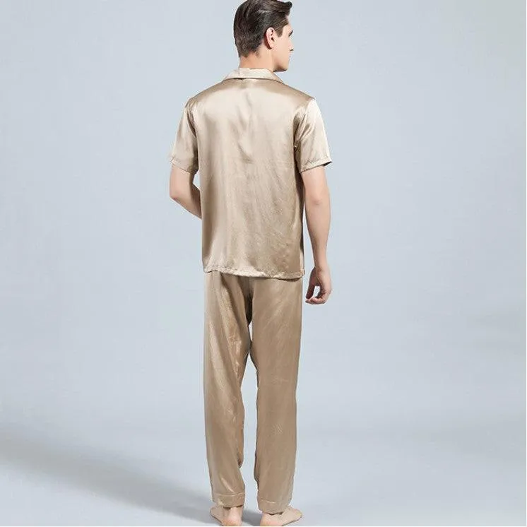 100% Silk Short Sleeve Pajamas Set Short Silk Nightwear Summer For Men