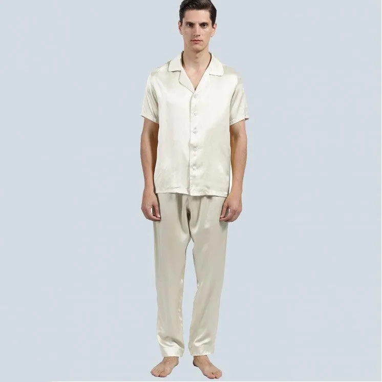 100% Silk Short Sleeve Pajamas Set Short Silk Nightwear Summer For Men