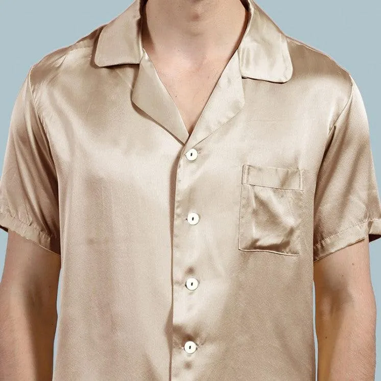 100% Silk Short Sleeve Pajamas Set Short Silk Nightwear Summer For Men