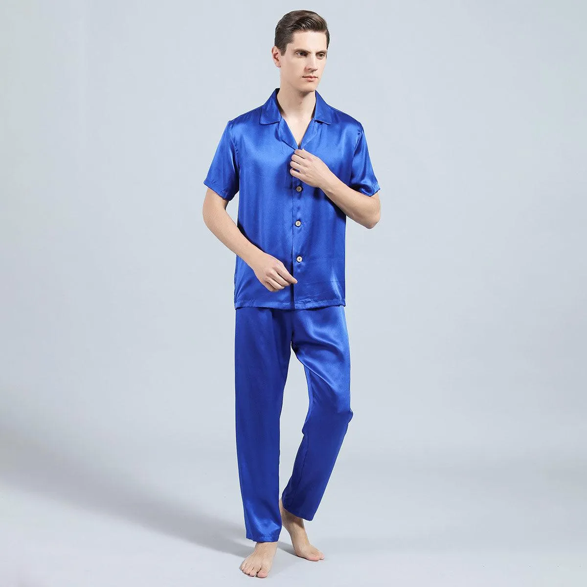 100% Silk Short Sleeve Pajamas Set Short Silk Nightwear Summer For Men