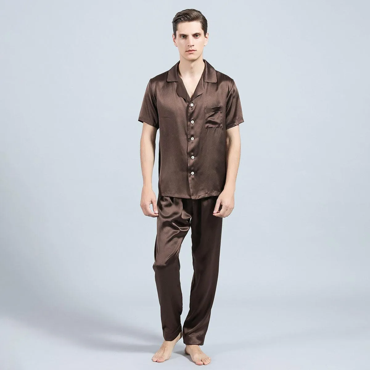 100% Silk Short Sleeve Pajamas Set Short Silk Nightwear Summer For Men