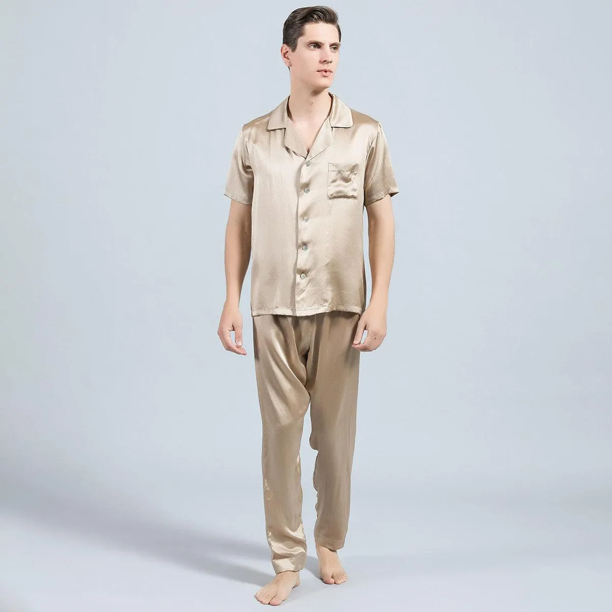 100% Silk Short Sleeve Pajamas Set Short Silk Nightwear Summer For Men