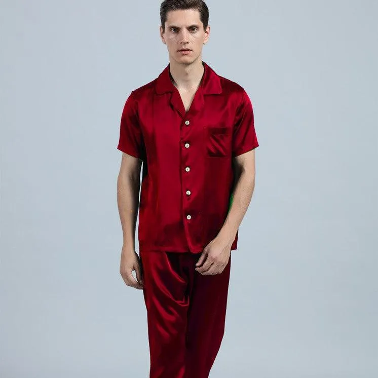 100% Silk Short Sleeve Pajamas Set Short Silk Nightwear Summer For Men