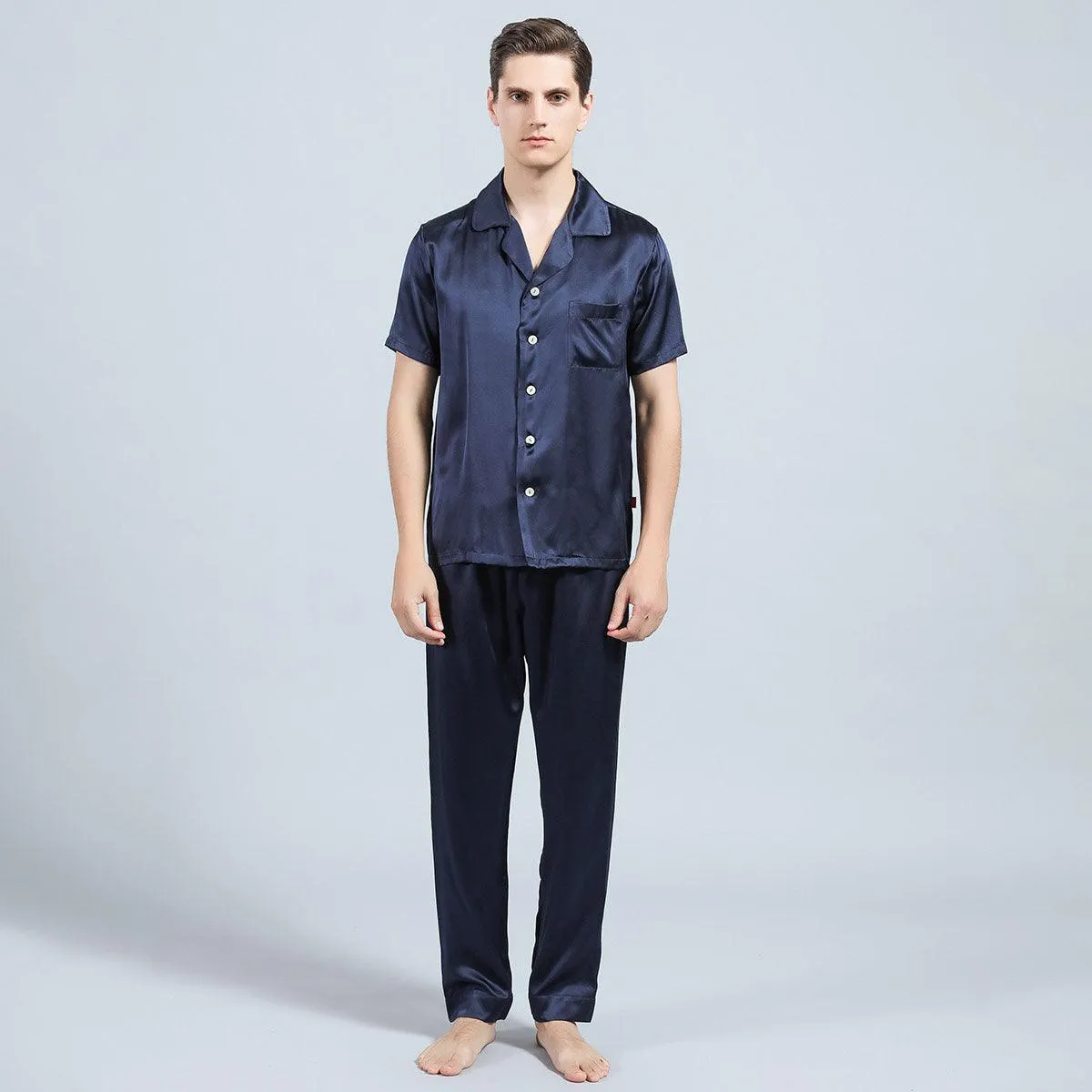 100% Silk Short Sleeve Pajamas Set Short Silk Nightwear Summer For Men