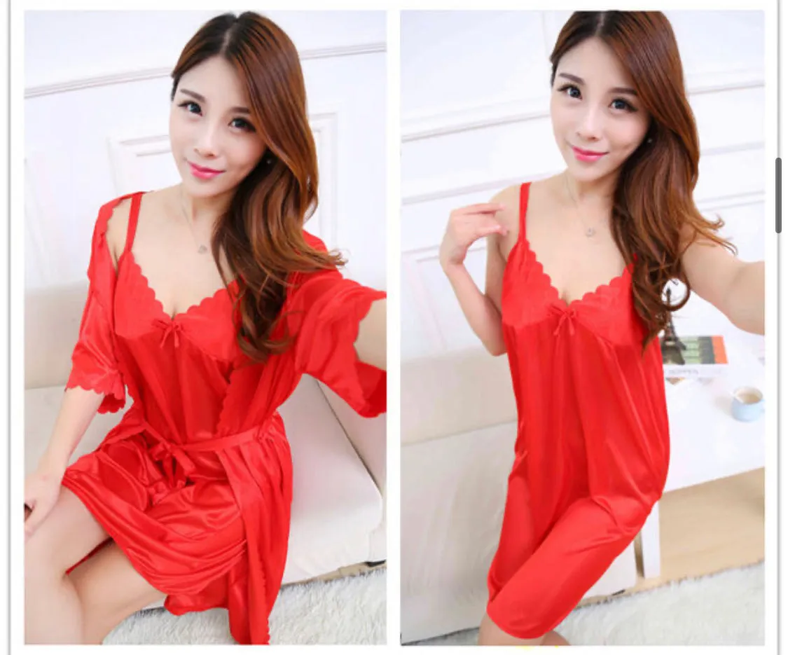 2 Pcs Satin Short Night Dress & Full Sleeves Robe - Red