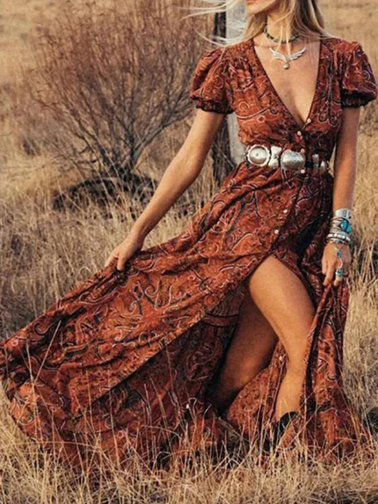 2024 Elegant High-Waist Bohemian Floral Print Maxi Boho Dress