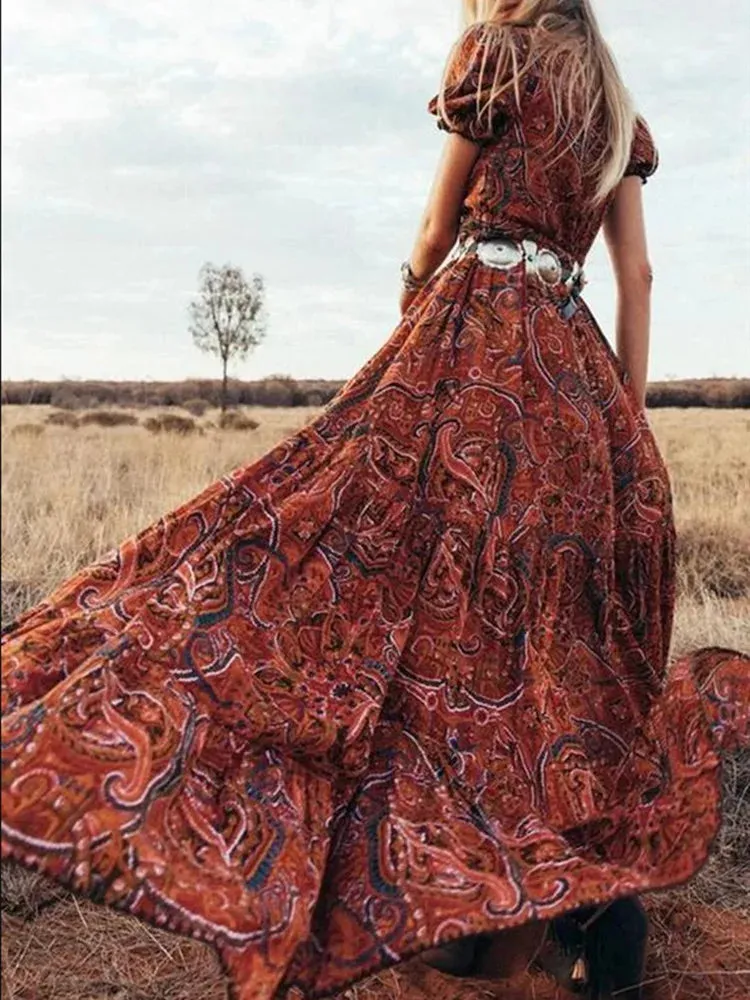 2024 Elegant High-Waist Bohemian Floral Print Maxi Boho Dress