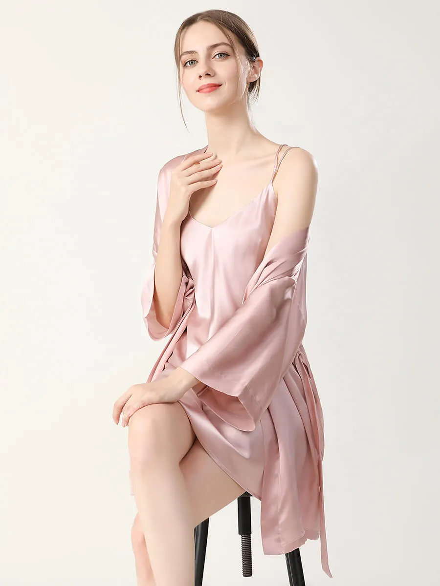 22 Momme Double Shoulder Strap Silk Chemise and Nightgown Robe Set