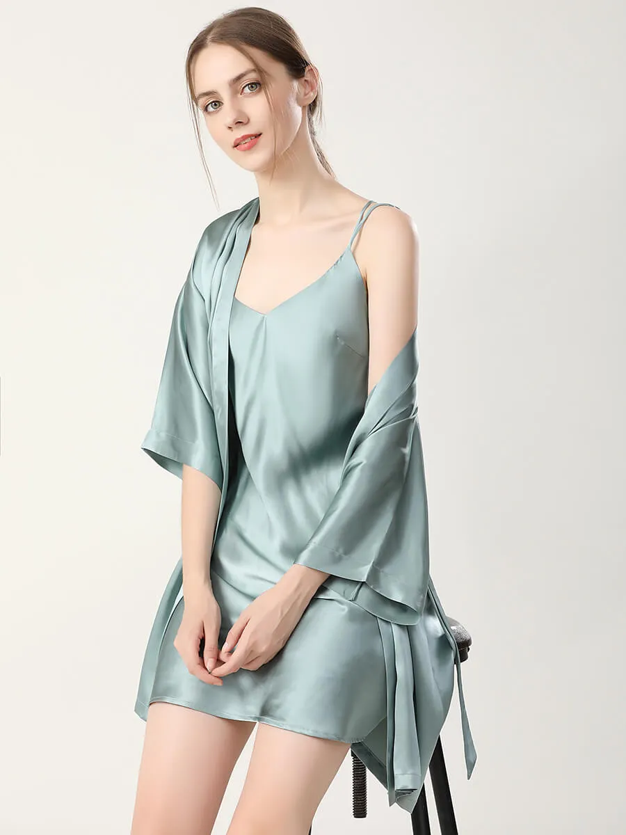 22 Momme Double Shoulder Strap Silk Chemise and Nightgown Robe Set