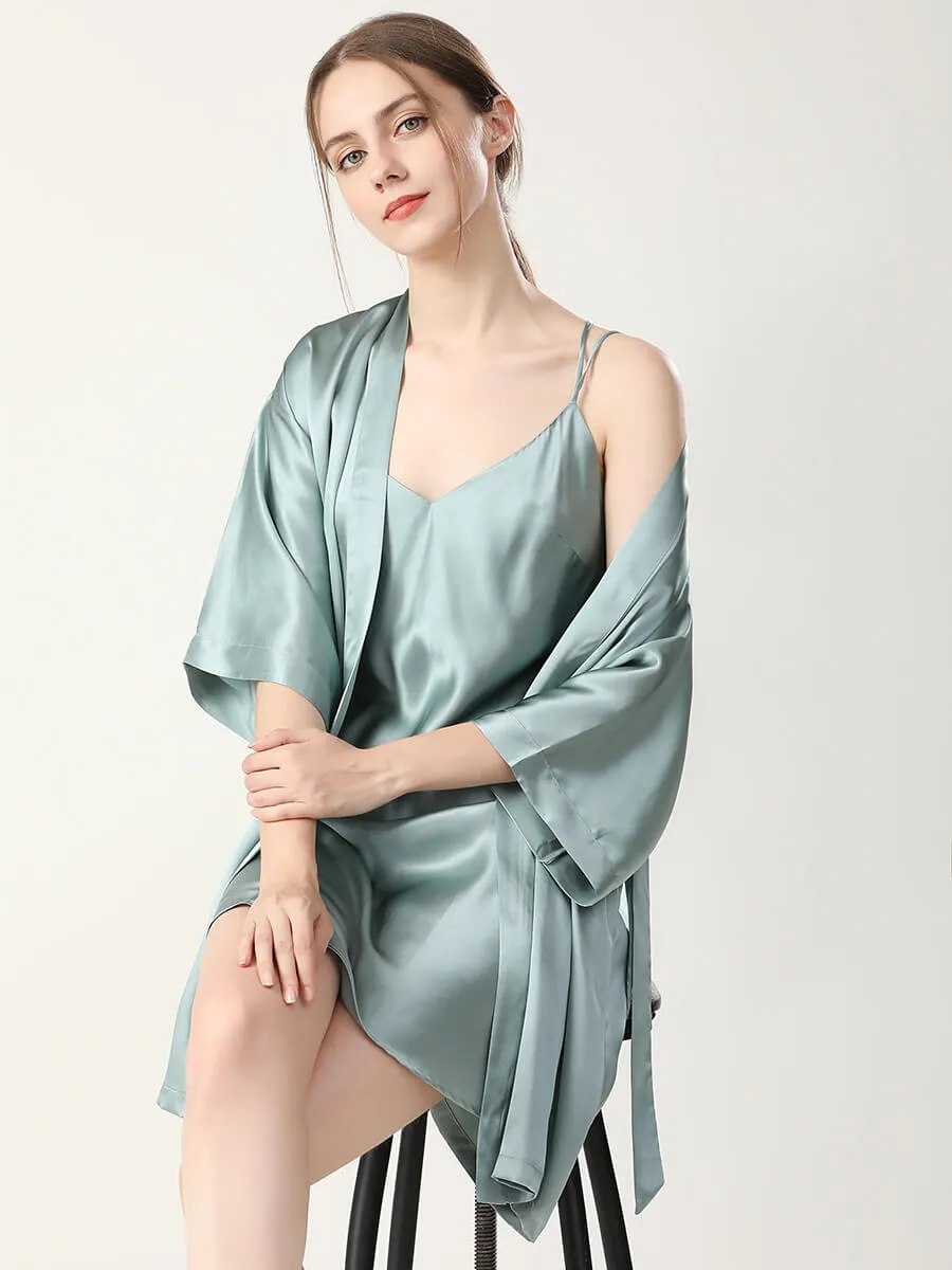 22 Momme Double Shoulder Strap Silk Chemise and Nightgown Robe Set