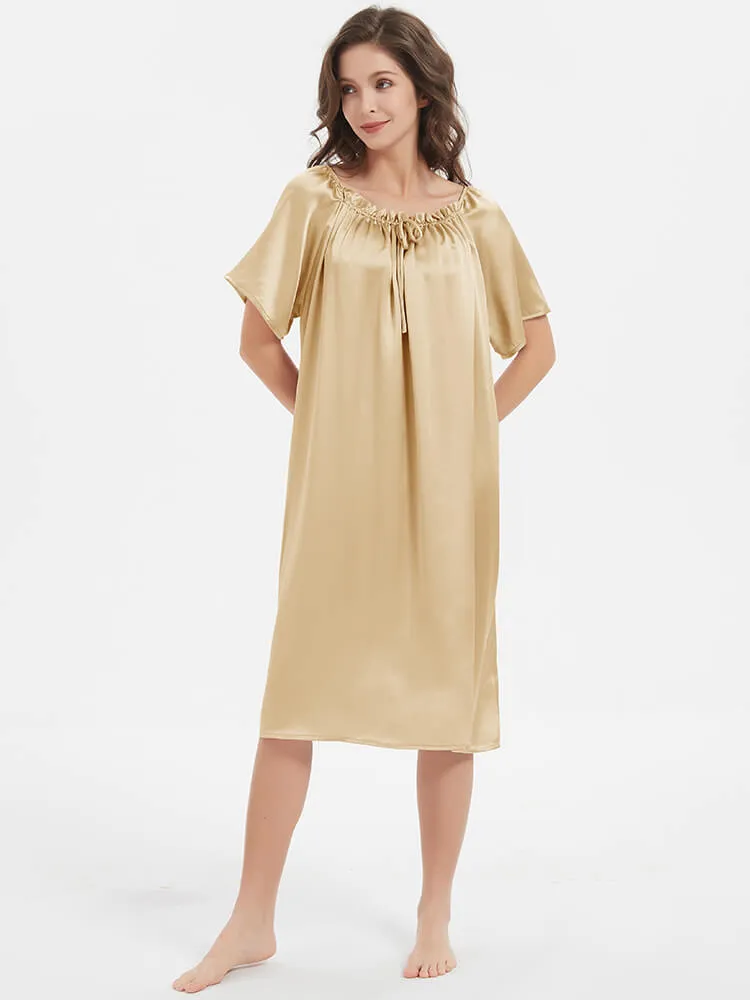 22 Momme  Short-sleeve Ruched Silk Nightgown For Women