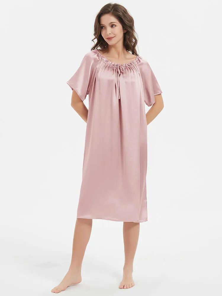 22 Momme  Short-sleeve Ruched Silk Nightgown For Women