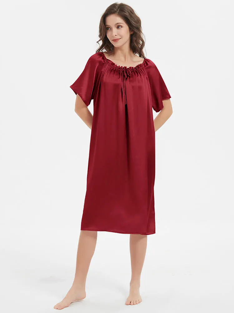 22 Momme  Short-sleeve Ruched Silk Nightgown For Women