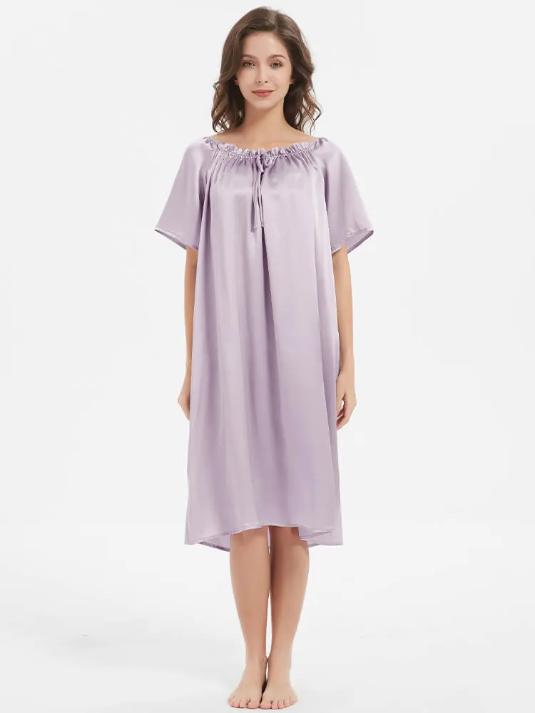 22 Momme  Short-sleeve Ruched Silk Nightgown For Women