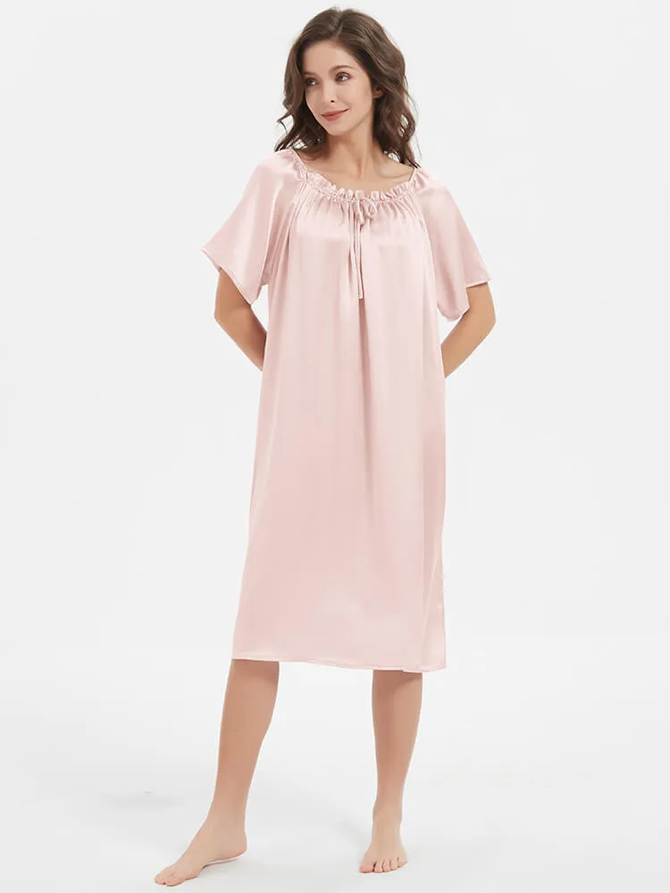 22 Momme  Short-sleeve Ruched Silk Nightgown For Women