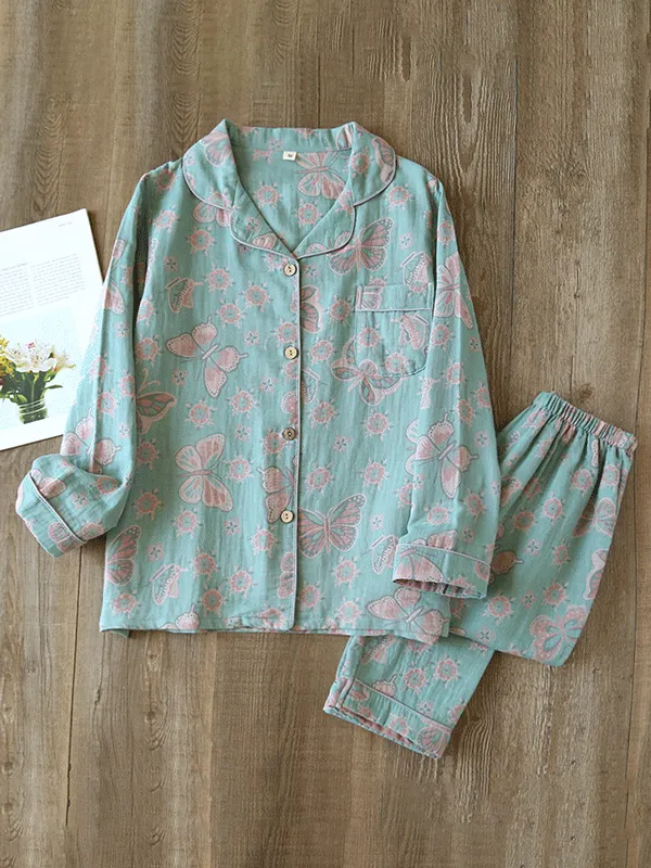 2Pcs Crepe Vintage Butterfly Printed Pajamas