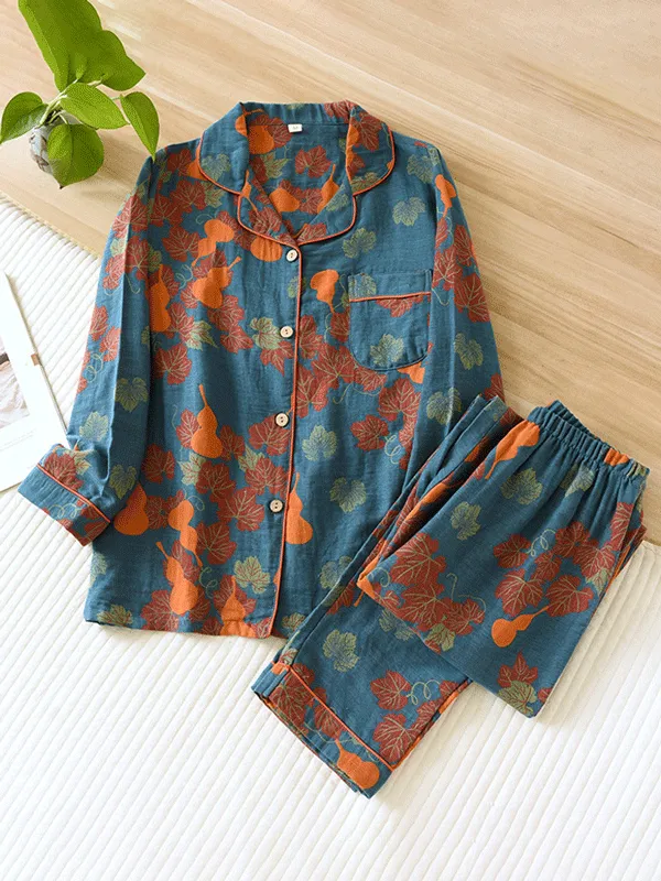 2Pcs Crepe Vintage Gourd Printed Pajamas