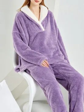 2Pcs Fleece Lapel Long Sleeve Pajamas