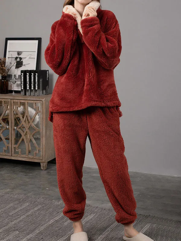 2Pcs Fleece Lapel Long Sleeve Pajamas