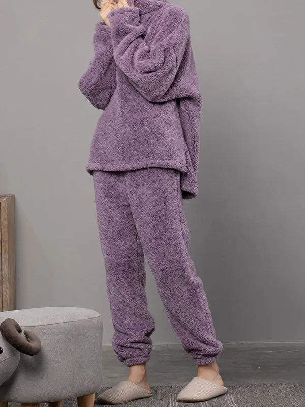 2Pcs Fleece Lapel Long Sleeve Pajamas