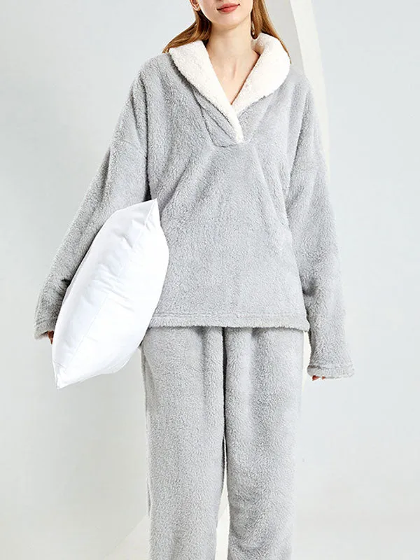 2Pcs Fleece Lapel Long Sleeve Pajamas