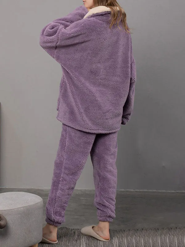 2Pcs Fleece Lapel Long Sleeve Pajamas