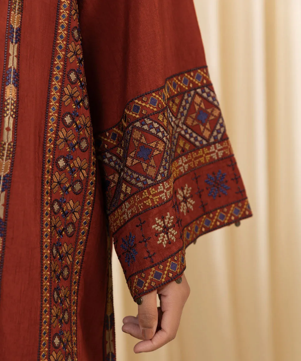 3 Piece -  Embroidered Raw Silk Suit