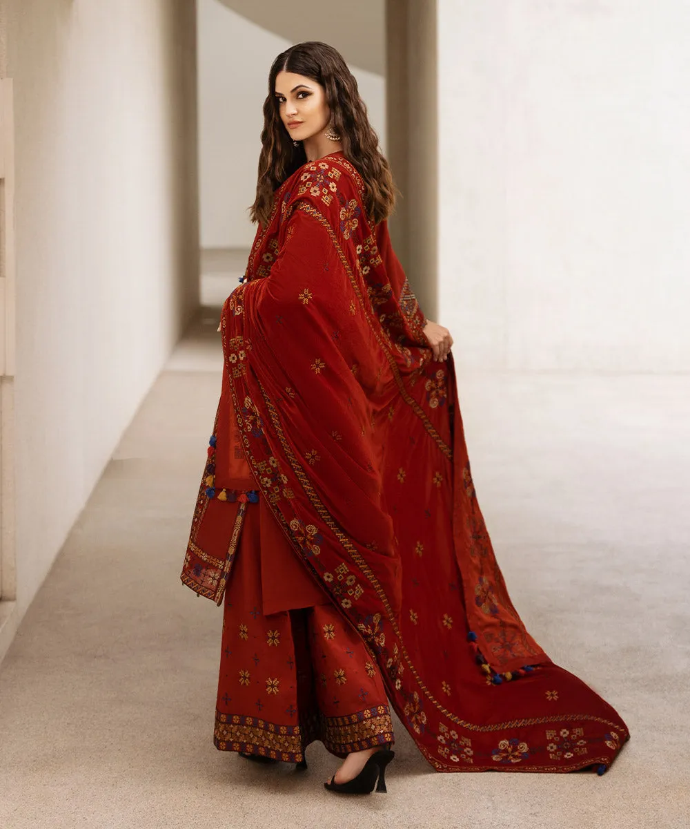 3 Piece -  Embroidered Raw Silk Suit