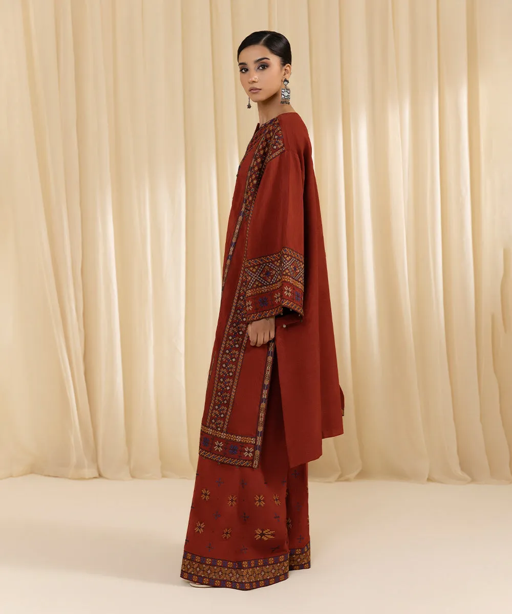 3 Piece -  Embroidered Raw Silk Suit