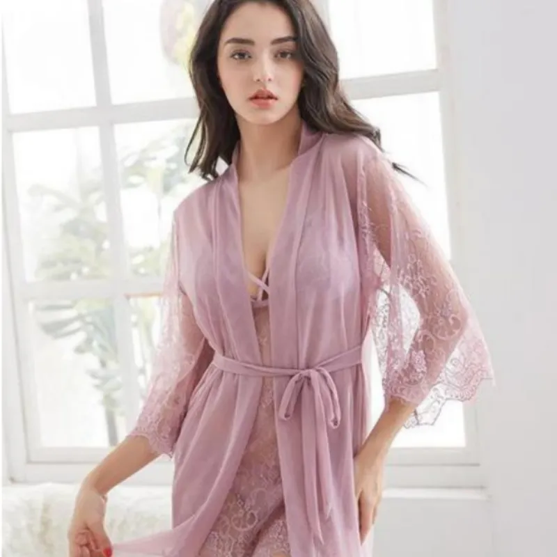 3 Piece V-Neck Robe And Thong Sets For Women