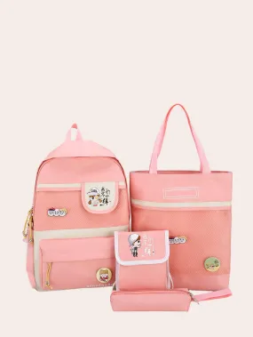 4pcs Cartoon & Letter Graphic Two Tone Bag Set