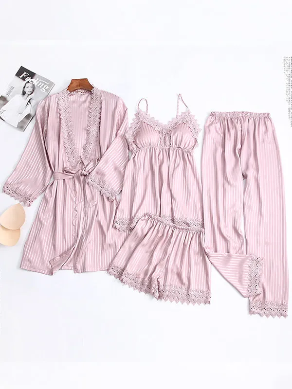 4pcs Striped Print Silk Satin Pajamas