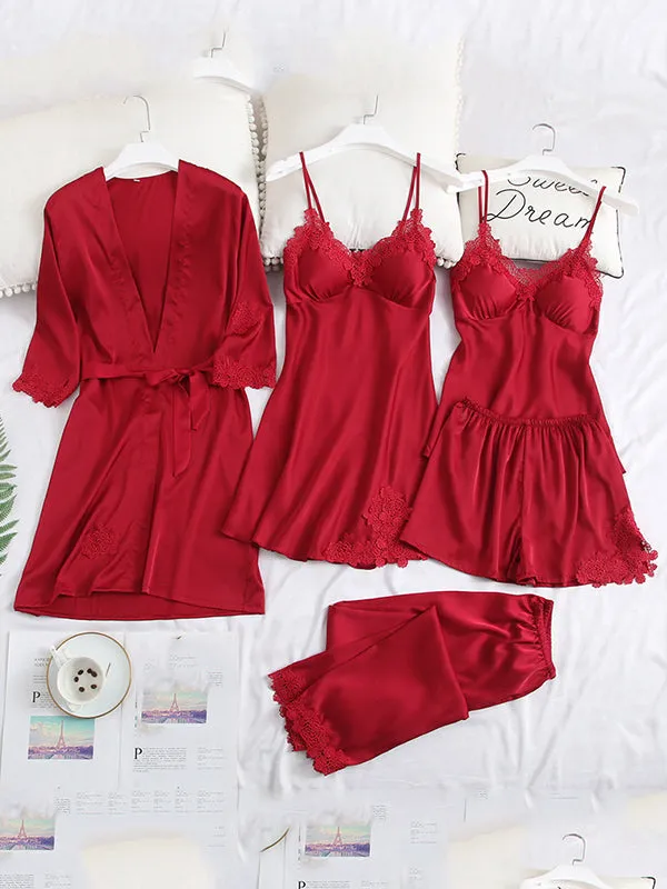 5pcs Solid Lace Silk Satin Pajama Set