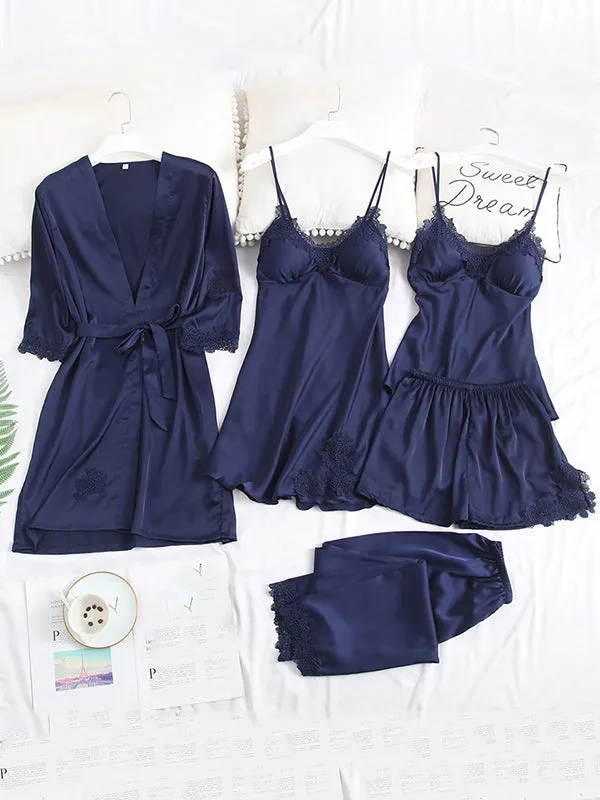 5pcs Solid Lace Silk Satin Pajama Set