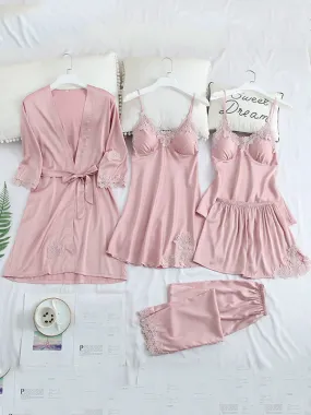 5pcs Solid Lace Silk Satin Pajama Set