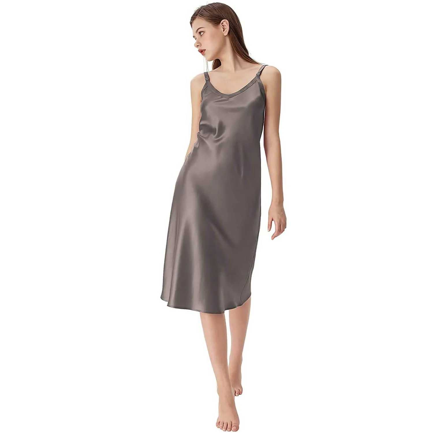 Adjustable Wide Straps Classic V Neck Silk Nightgown