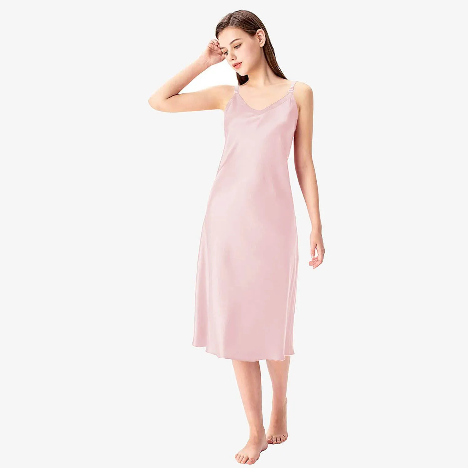 Adjustable Wide Straps Classic V Neck Silk Nightgown