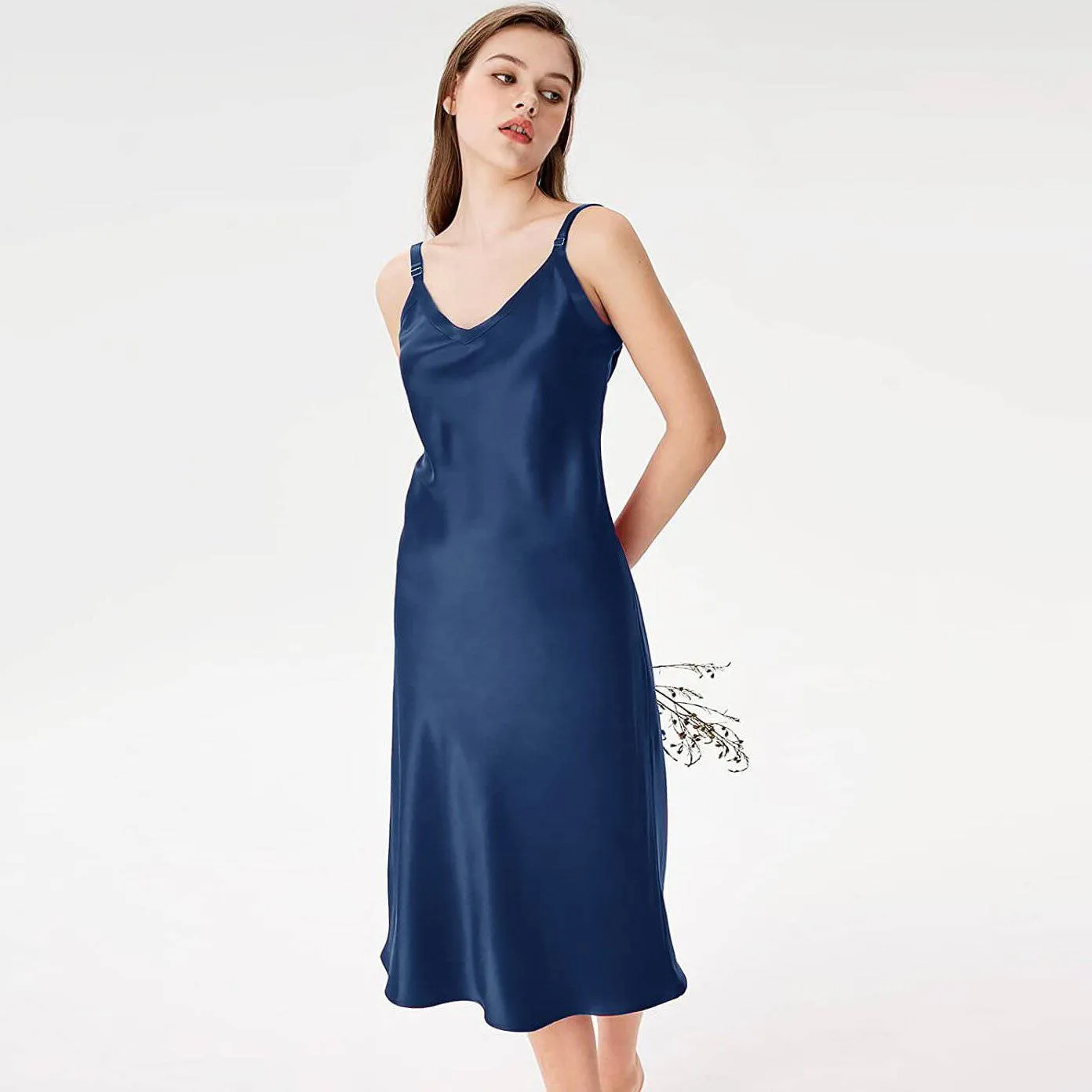 Adjustable Wide Straps Classic V Neck Silk Nightgown