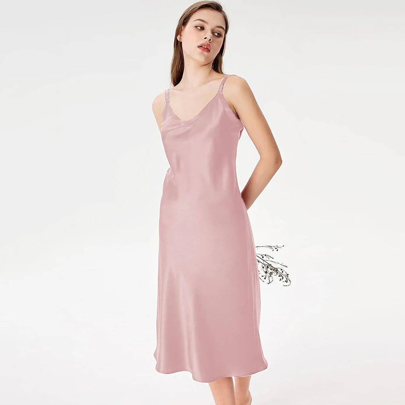 Adjustable Wide Straps Classic V Neck Silk Nightgown