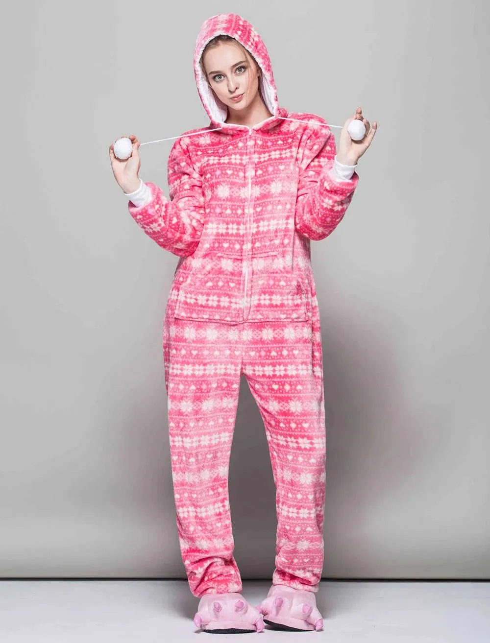 Adult Christmas One-piece Pajamas for Women Zip Up & Hooded