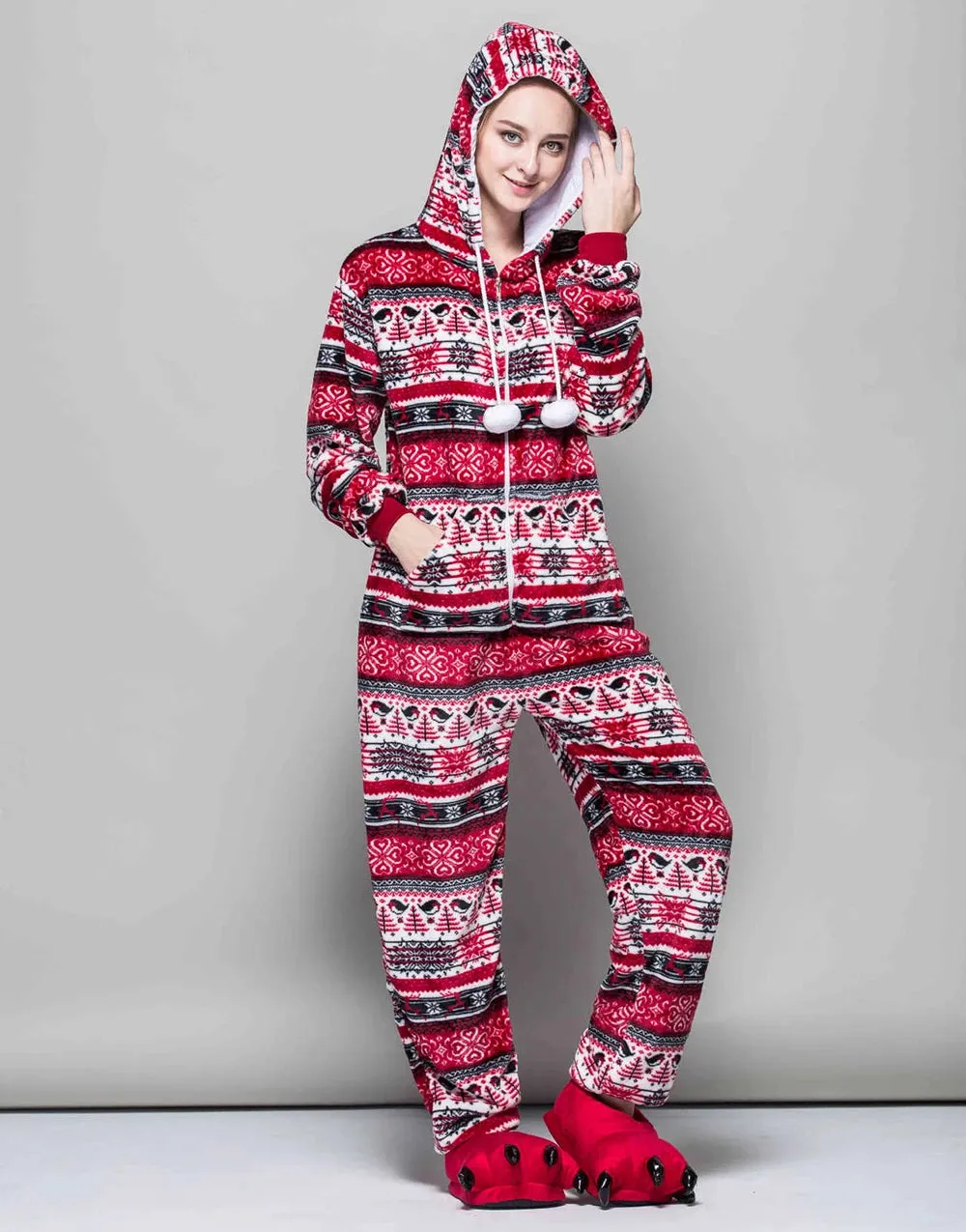 Adult Christmas One-piece Pajamas for Women Zip Up & Hooded