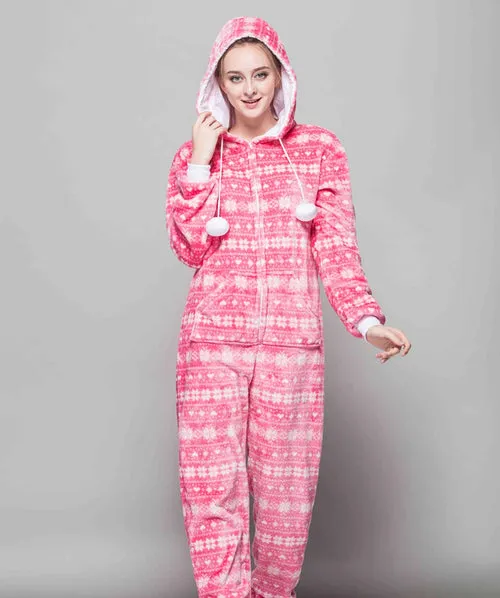 Adult Christmas One-piece Pajamas for Women Zip Up & Hooded