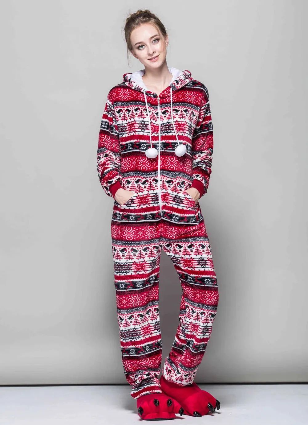 Adult Christmas One-piece Pajamas for Women Zip Up & Hooded