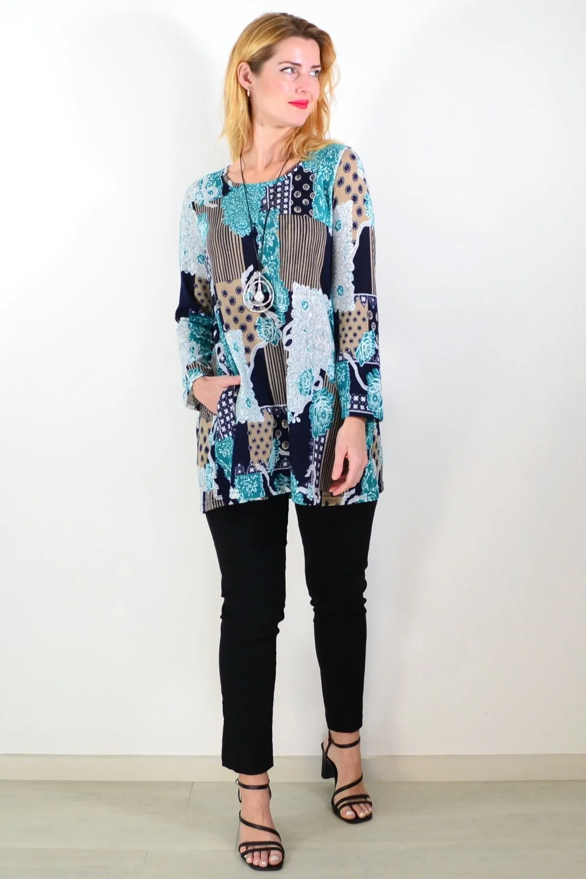 Aqua Mustard Abstract Print Fleece Tunic Top