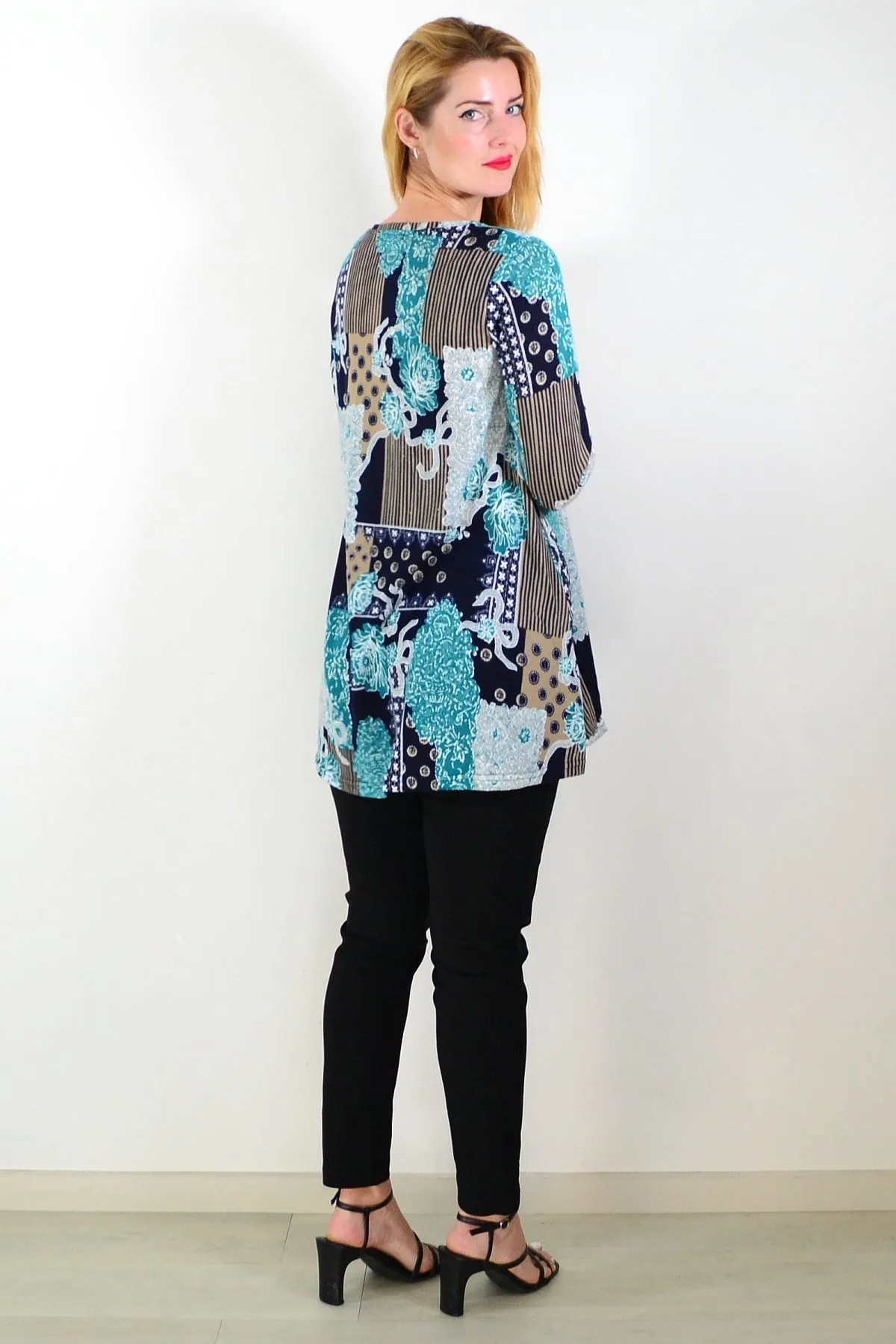 Aqua Mustard Abstract Print Fleece Tunic Top