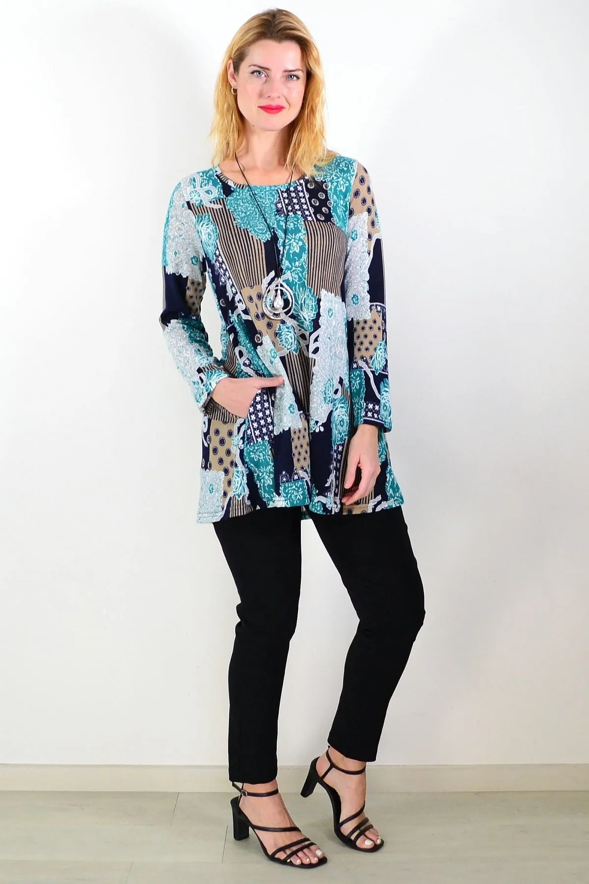 Aqua Mustard Abstract Print Fleece Tunic Top