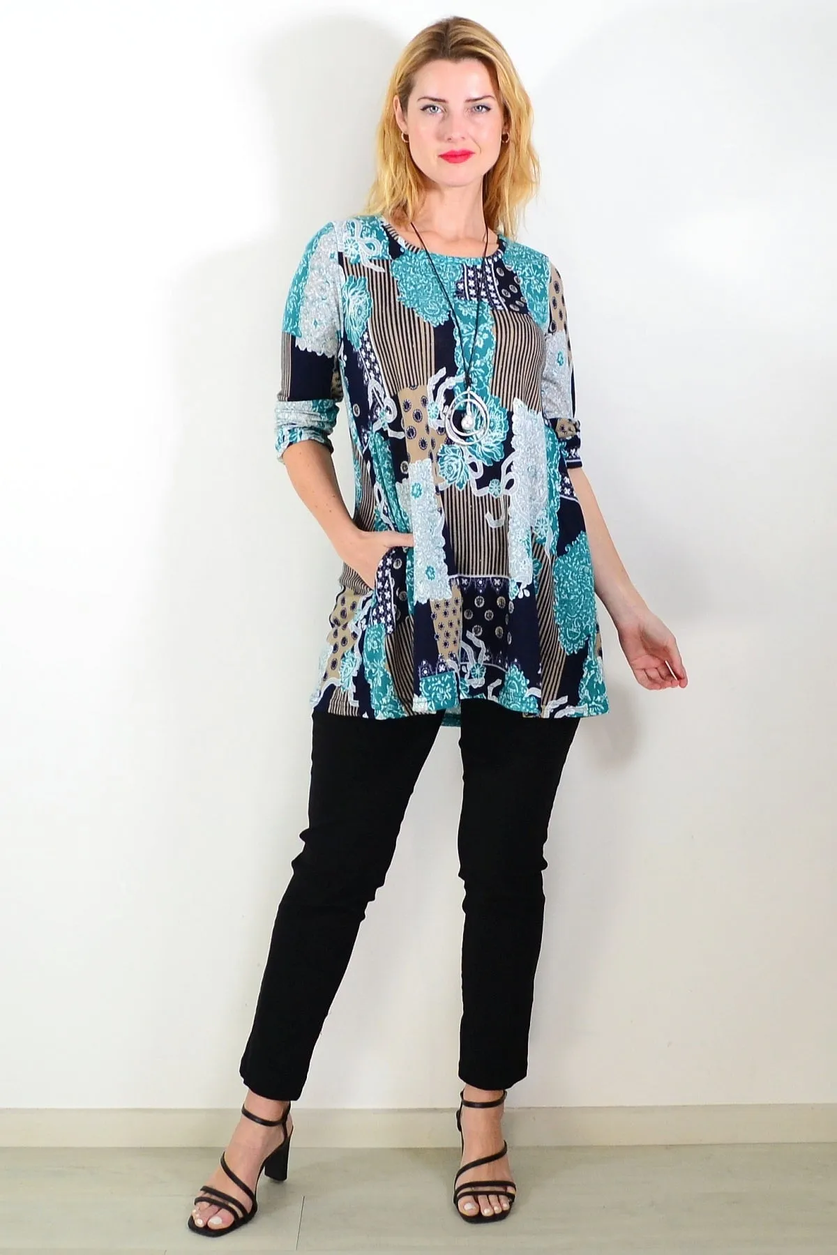 Aqua Mustard Abstract Print Fleece Tunic Top