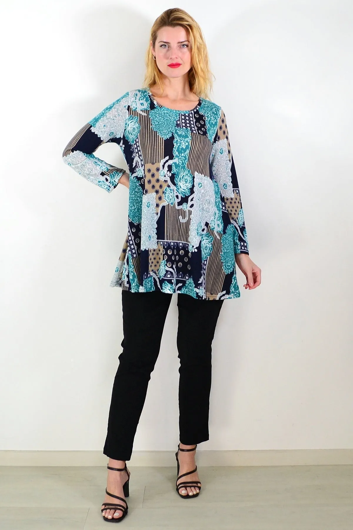 Aqua Mustard Abstract Print Fleece Tunic Top